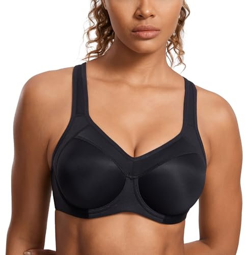 SYROKAN Women's High Impact Sports Bra Underwire Full Support Racerback Padded Running Bra Black 2 38E