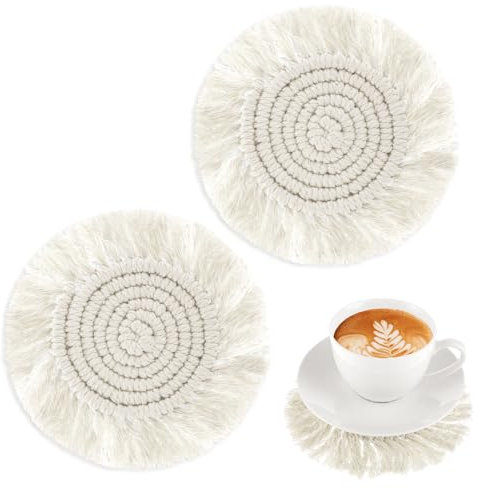 2 Stück Boho Untersetzer Rund Handgemacht für Getränke Saugfähig Weiß Schreibtisch Couchtisch Glasuntersetzer Schreibtischdekoration für Tassen Baum Untersetzer Rund Einweihungsparty Heimdekoration