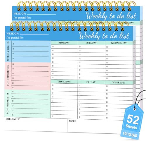 2 Pack To-do-Listen - Wöchentliche Planer Notizblock, Undatiert Wöchentlichen Schreibtisch Planer, 52 Seiten Spirale Gebundenen Notizblock mit Checkliste, 8,5 × 11