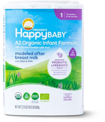 Happy Baby Organics Stage 1 A2 Infant Formula, 0 12 Months, Milk Based Organic Baby Formula Powder with A2 Milk, Probiotics & Prebiotics for Immune & Digestive Support, 22.9 Ounce (Pack of 1)