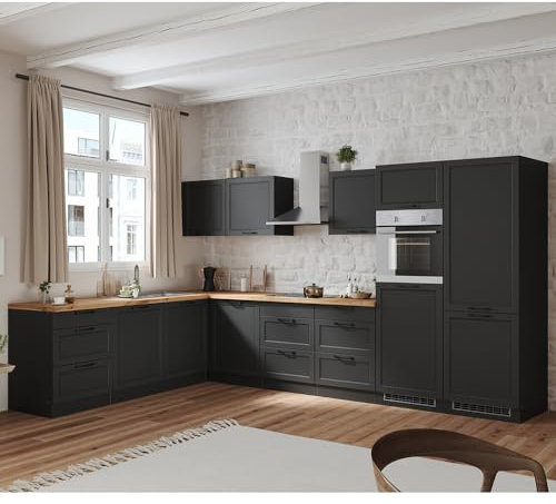 Lomadox Winkelküche Küche Einbauküche Küchenzeile L-Form 360/240 cm mit E-Geräten in grau, Arbeitsplatte in Eiche, inkl. Dunstabzugshaube, Herd, Backofen, Geschirrspüler, Kühlgefrierkombi
