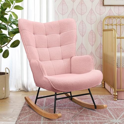 ADFUNIT Sedia a dondolo, poltrona relax, in tessuto Teddy, poltrona a dondolo, sedia da soggiorno, struttura in legno massello e metallo, con schienale alto, portata fino a 130 kg, rosa