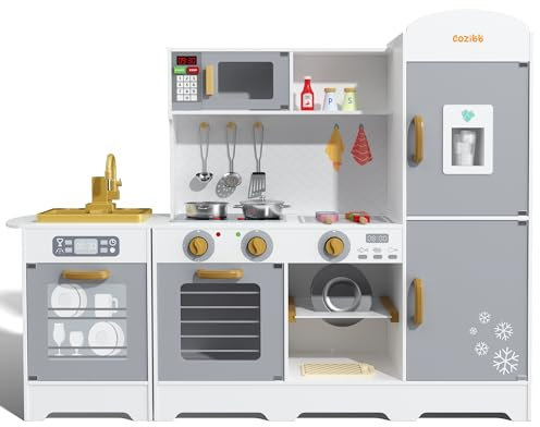 CoziBB Kids Corner Toy Kitchen, Play Wooden Kitchen Toy for Girls Boys Gifts, Large Pretend Role Play Kitchen, Kids Birthday for Toddler Baby, Corner Cabinet Kitchen Playset, Children Age 3+, Grey