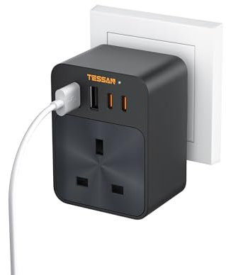TESSAN 30W USB C Plug Adaptor UK, Multi Plug Power Adaptor with 4 USB Ports, Black Wall Charger Sockets for Home, Kitchen, Office, School Supplies