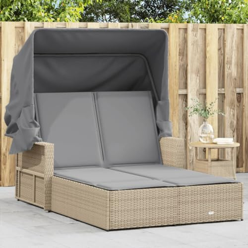 Festnight Doppelliege Outdoor 2 Personen Doppel Gartenliege mit Ausziehbares Sonnendach Rattan Sonnenliege Sonnenbett Loungebett Gartenbett mit Auflage Liege Outdoor Rattanliege Liegestuhl Garten