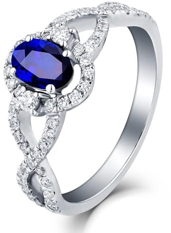 Sapphire Ring For Women, Ringe Gold 18K 750 Weißgold Hohler Blauer Ovaler Saphir Silber Damen Modeschmuck Größe 56 (17.8)