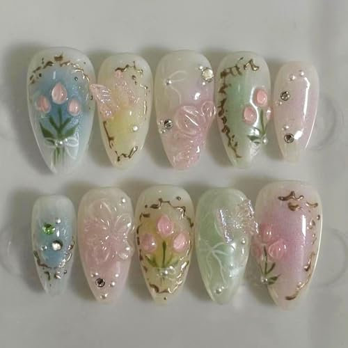 MouyouGlow Press on Nails Kurz,Almond Bunt Airbrush 3D Ribbon Bow Tie Schleife Fliege Blumen Butterfly Strass Fairy Sweet Coquette Fake Nails mit Nagelkleber,Sommer Frisch Künstliche Fingernägel