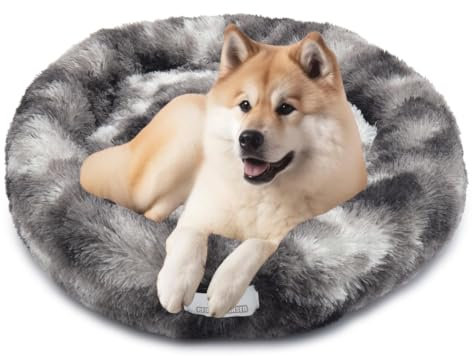 pfoten&nasen® Wolke 7 Hundebett XXL [Grau/Weiß, 120 cm] – Flauschiges Donut-Kissen für große Hunde – Waschbar & extra weich mit abnehmbarem Bezug