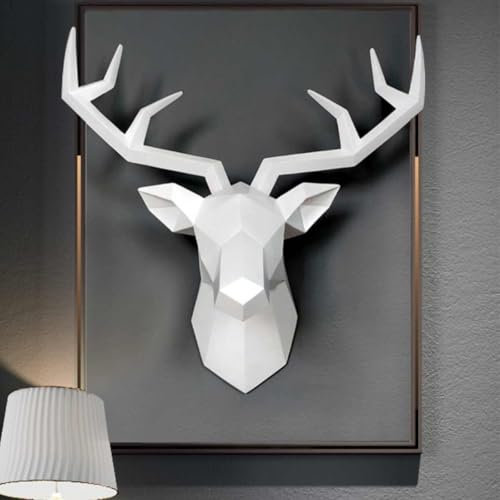 NEONMAN Geometrische Hirschkopf Wandskulptur Hirsch Hirschkopf-Wanddekoration Hirschhorn Statue 3d hirschgeweih deko Wanddeko Wandskulptur Kunstharz tierkopf Wanddeko hirsch Wanddeko Wand-Tierkopf(Wei