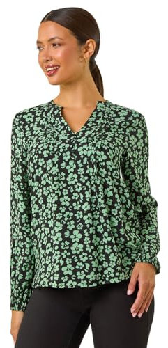 Roman Originals Pintuck Shirt for Women Ladies Jersey Blouse Collarless Top Flare Crinkle Notch Neck Tunic 3/4 Length Sleeve Longline Smart Casual Party Going Out - Green Noir - Size 18