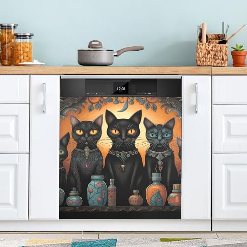 Housse magnétique vintage pour lave-vaisselle Motif chats et vase 58,4 x 66 cm