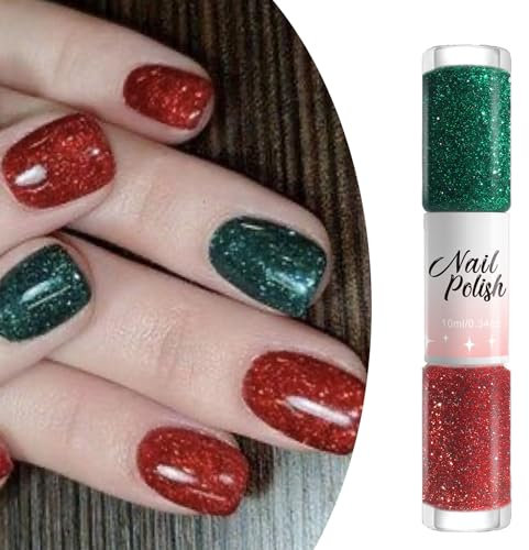 Glitter Nail Polish Set, Water-Based Red Glitter Nail Polish & Green Glitter Nail Polish 2 In 1 Set, Long Lasting Breathable Glitter Red Nail Polish Quick Dry Green Nail Varnish for Salon & Home Use