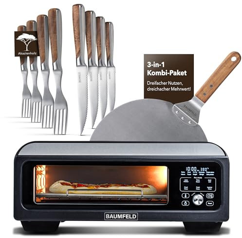 Baumfeld Pizzaofen Bundle Pro, 8-teiliges Set mit Besteck | Für knusprige Steinofenpizza, hitzebeständig bis 400°C (Schwarz)