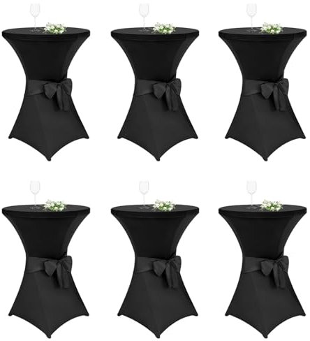 Alishomtll 6er Set Stehtisch Hussen mit Schleife, Ø80cm Stretch Stehtischhussen, Elegante Elastische Tisch-Überzug Hussen für Bistrotisch Runde Stehtisch Bankett Hochzeit (Ø80x110cm, Schwarz)