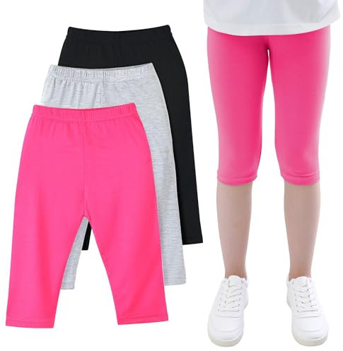 JinBei Niñas Leggings Capri 3/4 Pantalones Verano Transpirables Pantalón Cortos Mallas Niña Cintura Elástica Ciclismo Danza Correr Deportivos Shorts Legging 4-5 años Pack de 3, Negro Gris Rosa