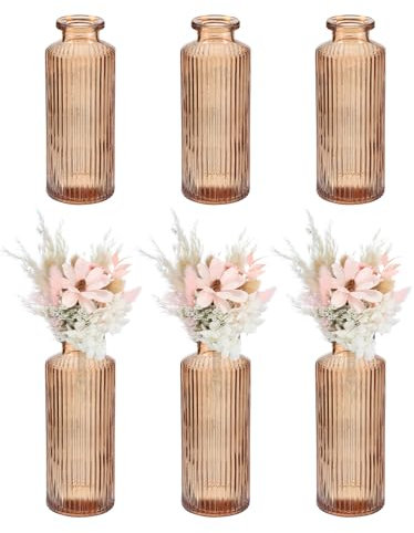 sourcing map Amber Glass Bud Vase Set of 6, Small Flower Vases for Centerpiece, Ribbed Vintage Clear Mini Vases in Bulk Assorted for Rustic Wedding Floral Party Home Table Decor