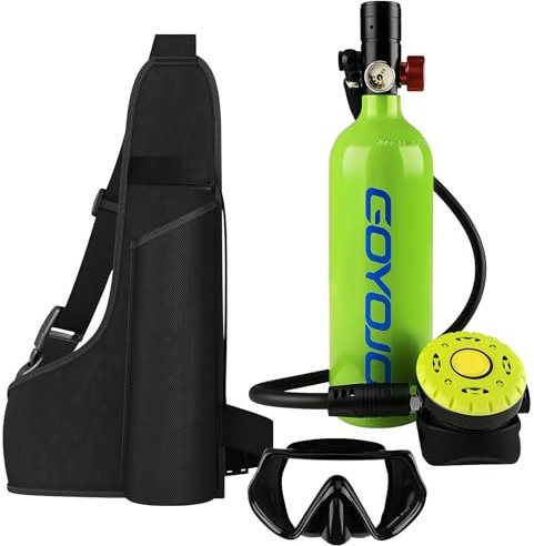 GOYOJO Mini tanque de buceo de 1 litro con máscara, tanque de aire portátil certificado DOT, presión máxima de 3000 PSI, botella de pony, dispositivo de respiración subacuática para esnórquel y buceo