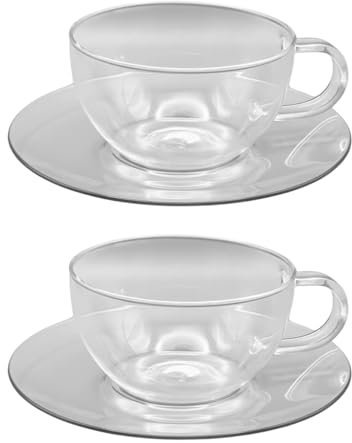 Clear Glass Cup & Saucer Set - 400ml / 13.5oz - Set of 2 - Perfect for Tea, Coffee, and Cappuccino, Herbal Tea