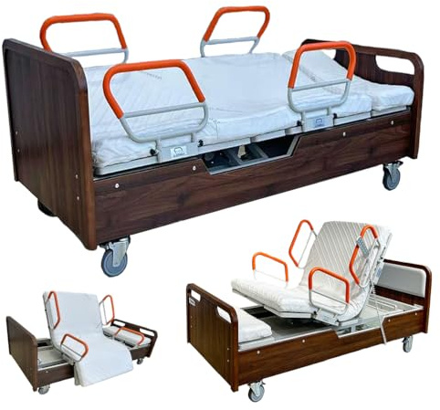 AEXET Premium 5-in-1-Funktion, vollelektrisches medizinisches Bett mit seitlicher Neigung, Krankenhausbett mit Drehfunktion, leisen Rädern, Fernbedienung, bis zu 207 x 102 x 47 cm
