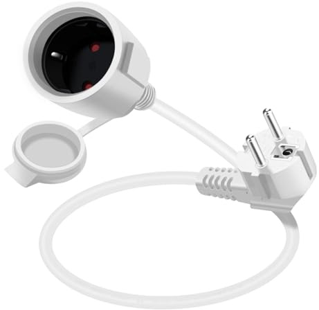 YINGAYOU Alargador Schuko Corto 90 Grados 16A 250V Short Schuko Extension Cord, 2 AC Enchufe IP44 para Uso Exterior o Interior Hogar, Oficina (Blanco, 0.5 m)