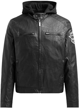 Camp David Herren Jacke aus Kunstleder mit abknöpfbarer Sweatkapuze Black/Black, Xl