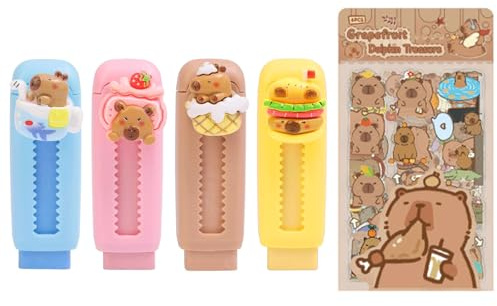 LEMONSTONE Radiergummi Schreibwaren Set, 4 Stück Einziehbare Radiergummi und 6 Blätter Sticker, Capybara Schulsachen,Niedliche Radiergummis, Radierbare Kleine Erasers Set für Kinder Schulsachen Büro
