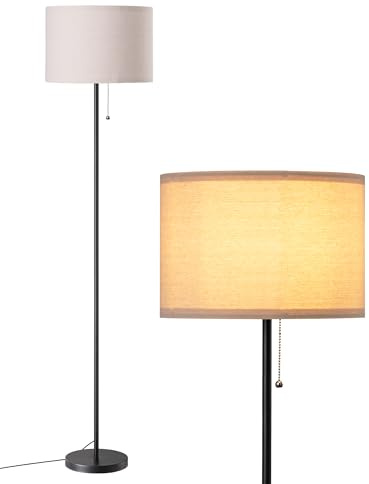EDISHINE Stehlampe Wohnzimmer, Leinen-Lampenschirm, 2700K, Schwarz | Moderne Ecklampe mit Zugschalter, E27-Fassung, Metallgestell, für Schlafzimmer und Büro, 145 cm