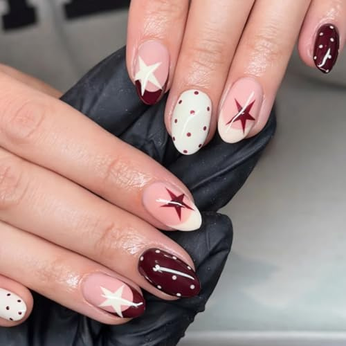 30PCS Creamy Ivory Press On Nails - Almond Shape Cherry Red White Star Accent Romantic Polka Dot - Minimal Pattern Mix Design for Women Manicure Home Daily Wear Party