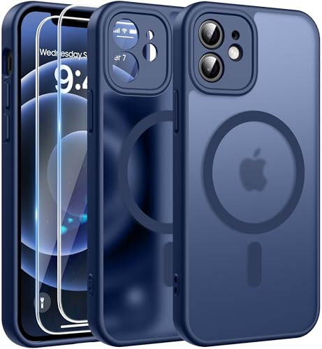 FLLAO for iPhone 12 Case, Magnetic Bumper Phone Case with 2 Tempered Glass Screen Protector, Full Camera Protection, Military-Grade Shockproof, Slim Translucent Matte, Darkblue
