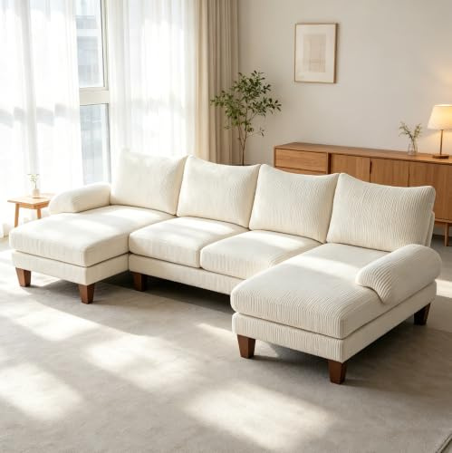 VINGLI Sofa U-Form, Cord Eckcouch, Beige, 283x123x84cm | mit Schlaffunktion, Ecksofa Wohnlandschaft, Sofa 4 Sitzer, mit Chaise Longue, für Modern Wohnzimmer