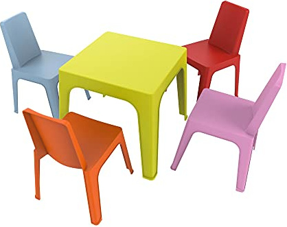 Resol Set Julieta: Table et 4 chaises pour Enfants. Meubles pour Enfants pour extérieur ou intérieur. pour Jardin, Patio, Balcon ou terrasse - 1 Table Citron + 4 chaises Rouge/Rose/Bleu/Orange