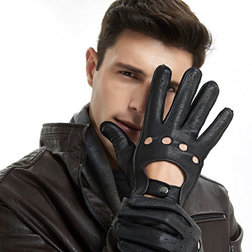 ZLUXURQ Herren 100% Hochwertig Hirschleder Leder Fahrhandschuhe, luxuriös, dünne und weich