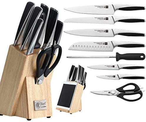 Lief + SVEIN German Steel Knife Block Set, 9-Piece Kitchen Knife Set & Wood Block, X50Cr15Mov Stainless Steel Knives, Unique kitchen knives set with block as an Ipad holder. Ideal Kitchen knife sets.