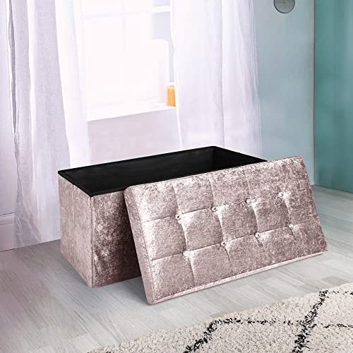 Ashley Mills New Large Ottoman Foldaway Storage Blanket Toy Box Bench Twill Linen with Buttons Lt Grey/Slate Grey (76x38cms Crushed Velvet Blush Pink)