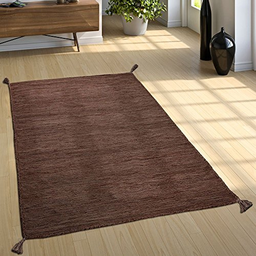 Paco Home Wohnzimmer Natur Teppich m. Fransen, Moderner Handgewebter Kelim, 100% Baumwolle, Grösse:240x340 cm, Farbe:Braun