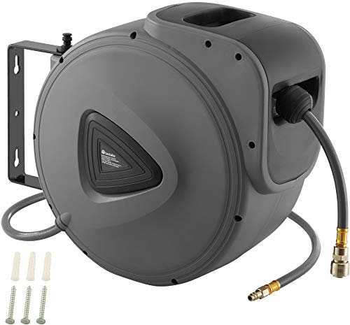 tectake® Druckluftschlauch, Schlauchtrommel mit Aufroller und ¼ Zoll Schnellkupplung, Schlauchaufroller mit Aufroll-Automatik und Schlauchstopp, mit Wandhalterung, Druckluft Zubehör - 30 m