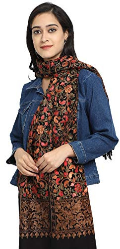 Zamour 6376 Kaschmir-Schal für Damen, Stola, Schal mit indischer Stickerei und Blume, Schwarz, Large