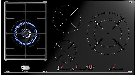Teka JZC 94313 ABN - Placa Hybrid de 90cm, Touch Control Multislider, 4 Zonas, Inducción + Gas, Mando Frontal con Control Exact Flame, Color Cristal Negro