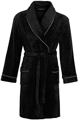 Luxury Mens Gents Full Length Velour Fleece Robe Dressing Gown Rope Trim Black Medium
