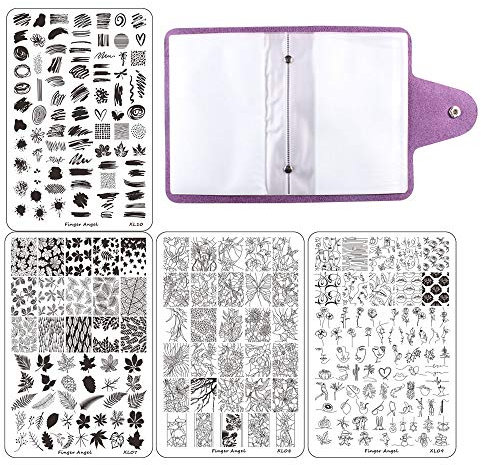 FingerAngel 4PCS XL Nail Art Stamp Plates with Stamping Image Plates Collection Manicure Tools Plate Organizers XL07-10