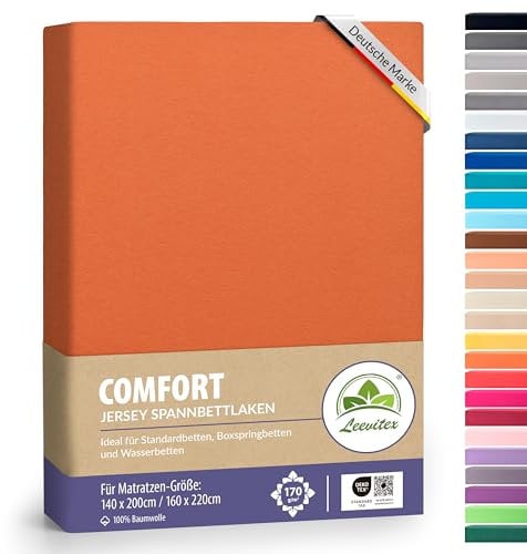 leevitex® Premium Spannbettlaken 140x200-160x220 cm - 40 cm Steg - auch für Boxspringbett & Wasserbett | 100% Mako-Jersey-Baumwolle | ÖKO-TEX | 170g/m² | Terrakotta/Dunkelorange