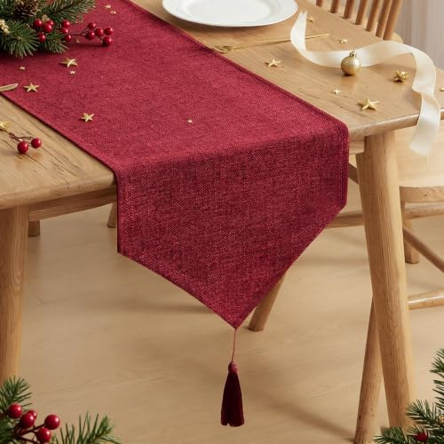 Tischläufer Robinrot 35 x 180 cm modern Tischdeko mit Quasten Leinenoptik | Tischläufer outdoor Lotuseffekt Durchsichtiger Läufer Wasserabweisend Dekoration für Küche Weihnachten Geburtstag Hochzeit