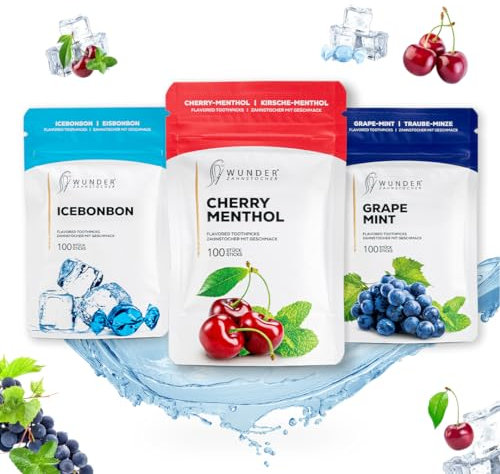 Wunder Palillos de Dientes - En 3 Variedades Refrescantes - Palillos de Dientes con Gusto - Palillos de Dientes Mentol - contra el mal aliento - aliento frescor - Limpieza dental - 3 paquetes