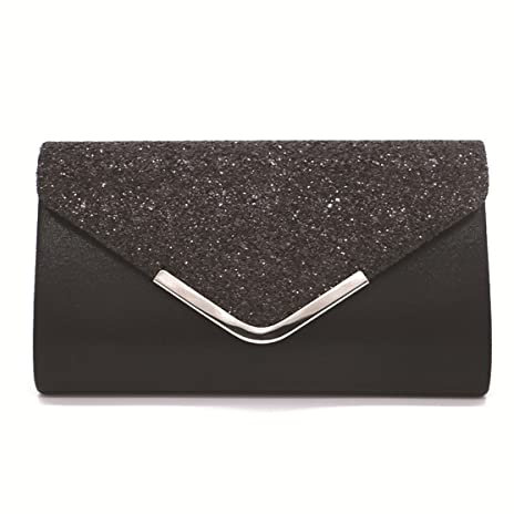 Youlity Damen Umschlag Clutch Tasche Elegante Glitzer Abendtasche Abend Clutches Geldbörse mit Kette Schultergurt Umhängetasche Handtasche für Hochzeit Braut Abschlussball (Schwarz)