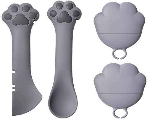 Ygapuzi 4Pcs Pet Food Can Supplies Set Universal Silicone Can Covers Cat Can Lids 2 in 1 Spatula Pet Can Opener Dog Claw Spoons for Pets Dogs Cats Feeding Wash Machine Apply (Grey)