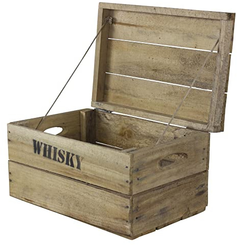 Truhenking Alte Holztruhe mit Deckel und Aufdruck Whisky versch. Größen XS-XXL (34x24x20cm)