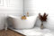 ECOLAM Baignoire autoportante Viya 170x72 cm | Plateau en Bambou | Vidage Click Clack | Design en fonte minérale | Baignoire îlot glamour blanc