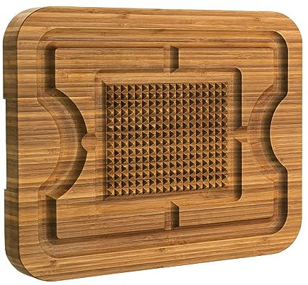 eletecpro Turkey Cutting Board with Grid Grip, Large 17x13x1.5 Inch Bamboo Steak Carving Board, Thick Butcher Block Reversible with Deep Juice Drip Grooves, Thick Serving Tray, Coffee