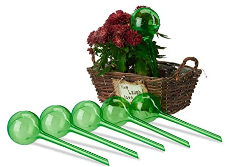 Relaxdays Bewässerungskugeln, 6er Set, Durstkugeln für Pflanzen, je 250 ml, Kunststoff, Gießkugel, HxD: 28 x 8 cm, grün