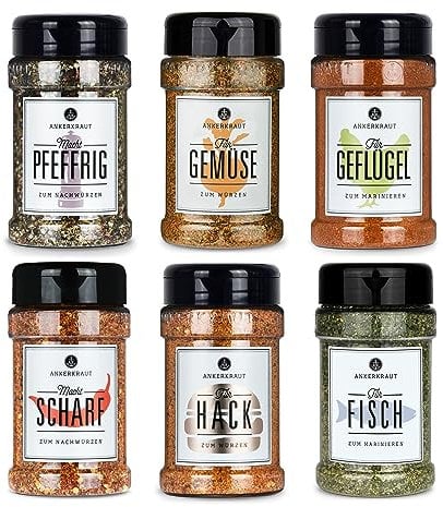 Ankerkraut 'Einfach kochen' Set, 6 Gewürz Streuer im Bundle, für Geflügel, Fisch, Hack, Gemüse, Scharf und Pfeffer, 1225 g Gewürze für Alles